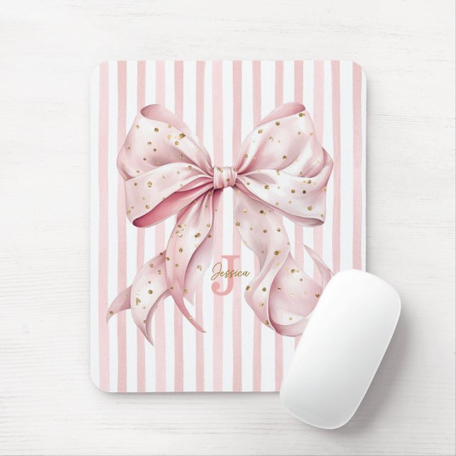 Pink Gold Confetti Bow Monogram Name Mouse Pad (With Mouse)