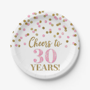 Pink Gold Confetti Cheers to 30 Years Birthday Paper Plate