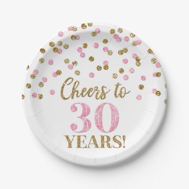 Pink Gold Confetti Cheers to 30 Years Birthday Paper Plate (Front)