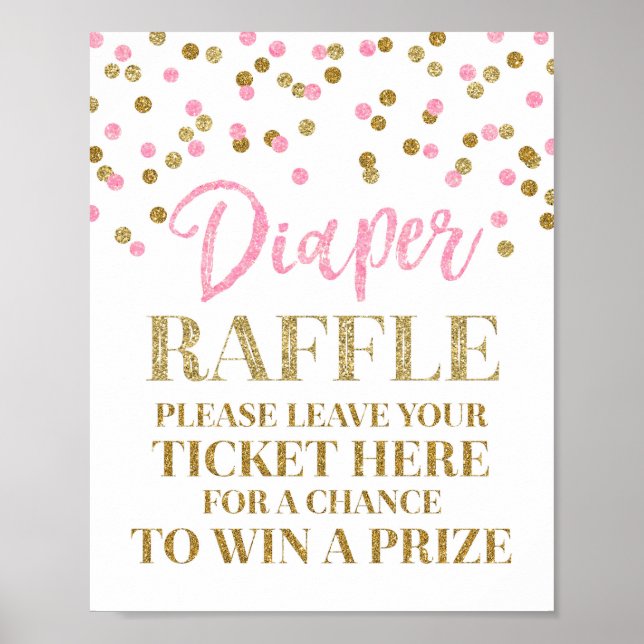 Pink Gold Confetti Diaper Raffle Baby Shower Sign (Front)