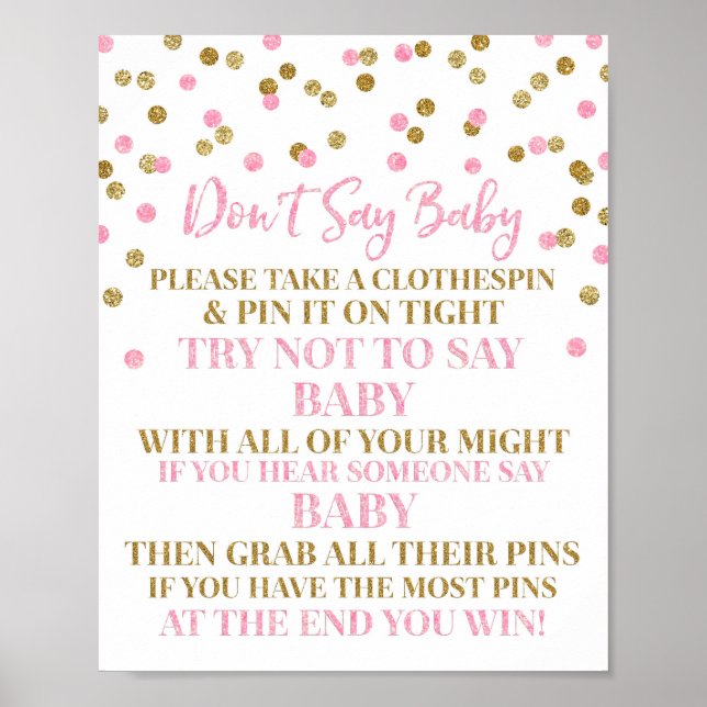 Pink Gold Confetti Don't Say Baby Game Sign (Front)