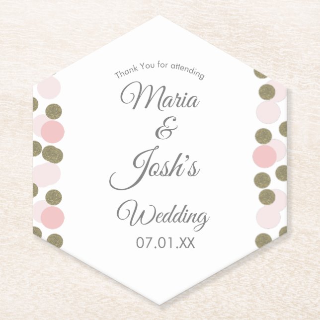 Pink Gold Confetti Dots Border Wedding   Paper Coaster (Front)