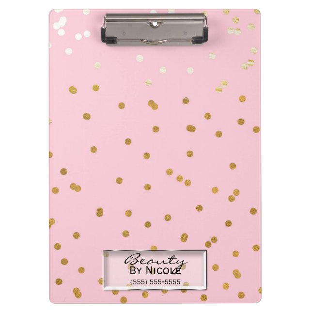 Pink Gold Confetti Dots Elegant Glam Personalised Clipboard (Front)