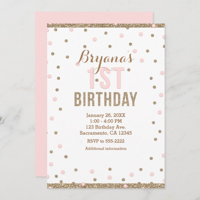 Pink & Gold Confetti Dots Girls 1st Birthday Party Invitation (Front/Back)