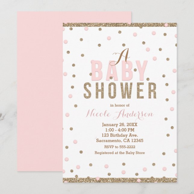 Pink & Gold Confetti Dots Girls Baby Shower Invitation (Front/Back)