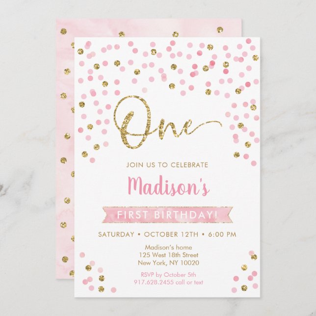 Pink Gold Confetti First Birthday Invitation (Front/Back)