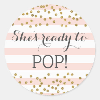 Pink Gold Confetti Girl Baby Shower Ready to Pop Classic Round Sticker