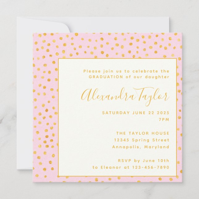 Pink Gold Confetti Polka Dots Graduation Party Invitation (Front)