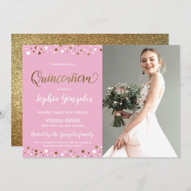 Pink Gold Confetti Quinceanera photo 15th birthday Invitation (Front/Back)
