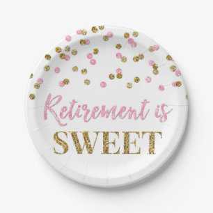 Pink Gold Confetti Retirement is Sweet Paper Plate