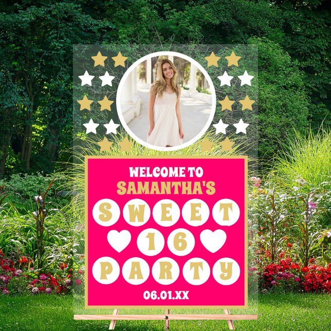 Pink Gold Confetti Stars Photo Sweet 16 Welcome Acrylic Sign (Creator Uploaded)