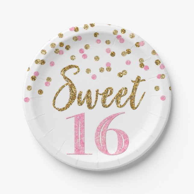 Pink Gold Confetti Sweet 16 Birthday Party Paper Plate (Front)