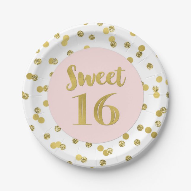 Pink Gold Confetti Sweet 16 Birthday Party Paper Plate (Front)
