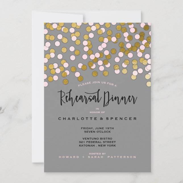 Pink | Gold Confetti Wedding Rehearsal Dinner Invitation (Front)