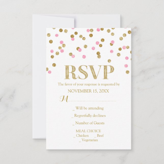 Pink Gold Confetti Wedding RSVP Cards (Front)