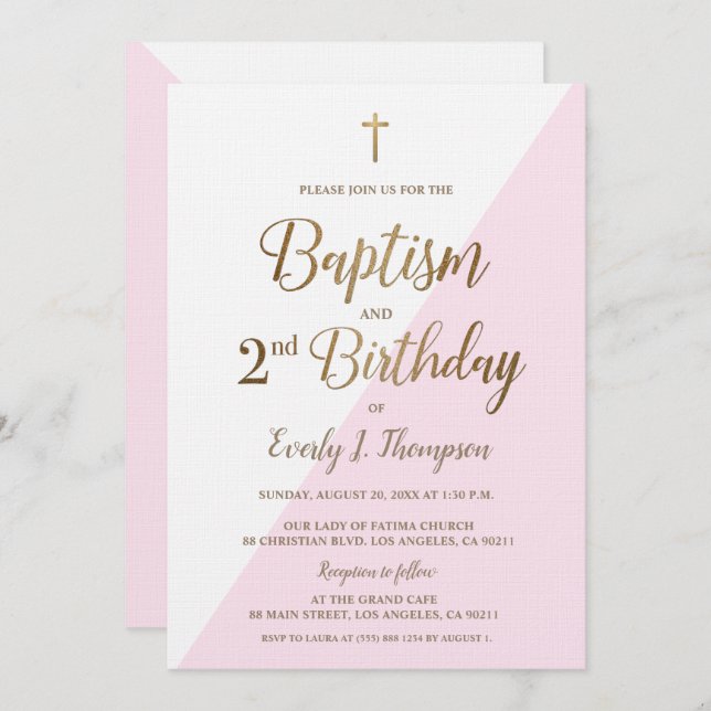 Pink Gold Cross Baptism 2nd Birthday Invitation (Front/Back)