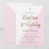 Pink Gold Cross Baptism 2nd Birthday Invitation