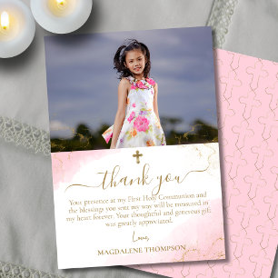 Pink Gold Cross Girl First Holy Communion Photo Thank You Card