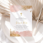 Pink Gold Cross Girls Baptism Christening   Invitation<br><div class="desc">A pretty pink watercolor and faux gold glitter baptism invitation. The perfect design for your little girl's christening or baptism.</div>