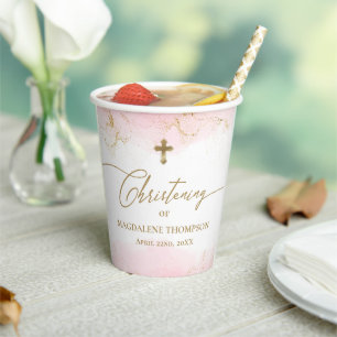 Pink Gold Cross Name Girl Christening Paper Cups