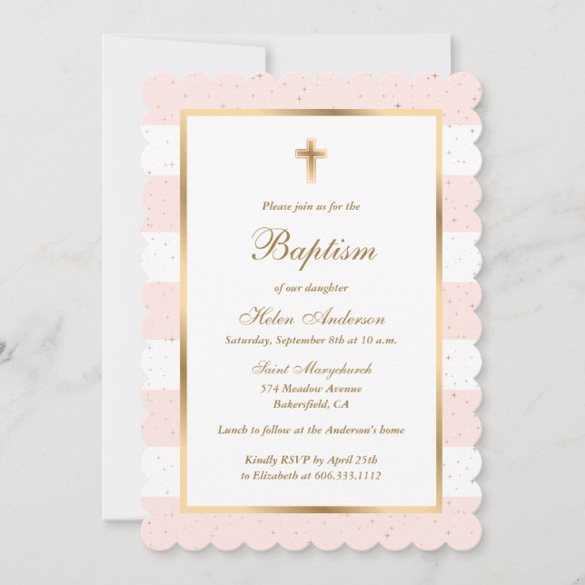 Pink Gold Cross Stars Striped Girl Baptism Invitation (Front)