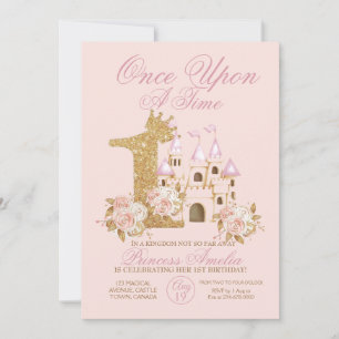 Pink Gold Crown Castle Princess 1st Birthday  Invi Invitation
