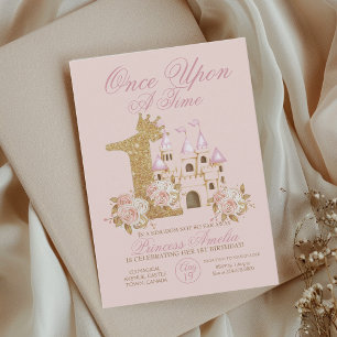 Pink Gold Crown Castle Princess 1st Birthday  Invi Invitation