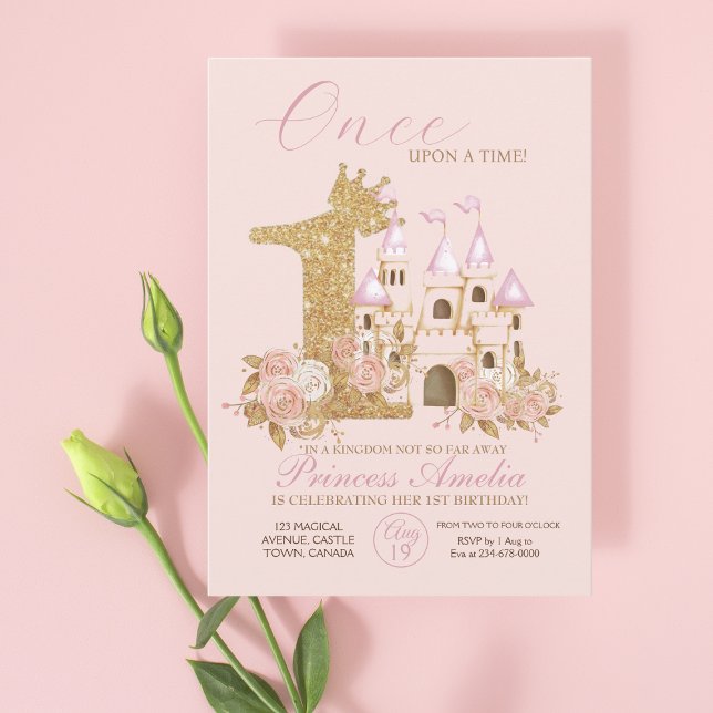 Pink Gold Crown Castle Princess 1st Birthday  Invitation (Creator Uploaded)