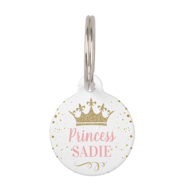Pink Gold Crown Cat Dog Princess Pet Tag (Front)