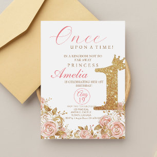 Pink Gold Crown Flower Princess First Birthday Invitation