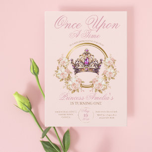 Pink Gold Crown Princess 1st Birthday  Invitation