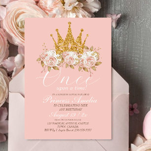Pink Gold Crown Princess 1st Birthday Party  Invitation