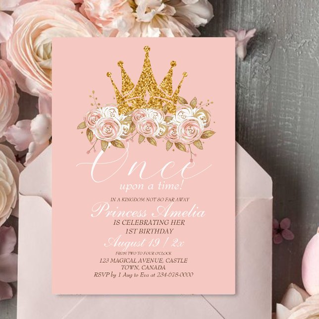Pink Gold Crown Princess 1st Birthday Party  Invitation (Creator Uploaded)