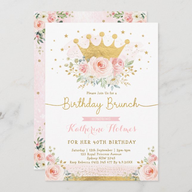 Pink Gold Crown Princess 40th Birthday Party Invitation (Front/Back)