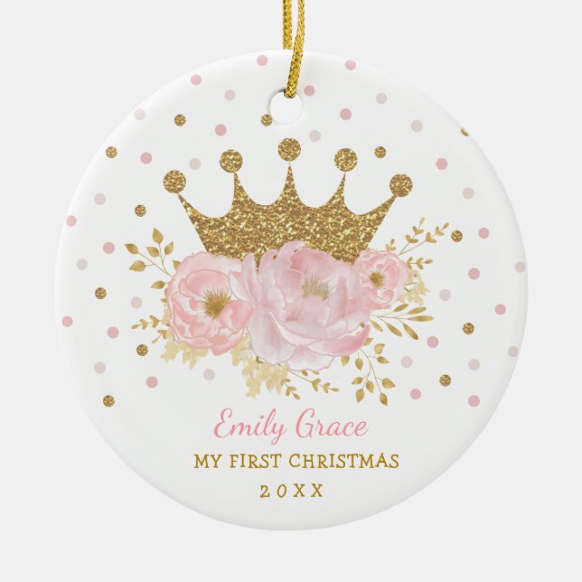 Pink Gold Crown Princess Baby 1st First Christmas Ceramic Ornament (Front)