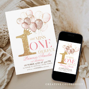 Pink Gold Crown Princess balloons 1st Birthday  Invitation