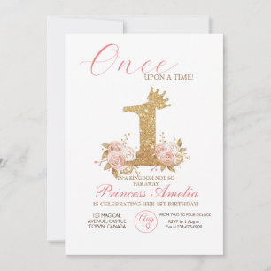 Pink Gold Crown Princess First Birthday Party  Invitation