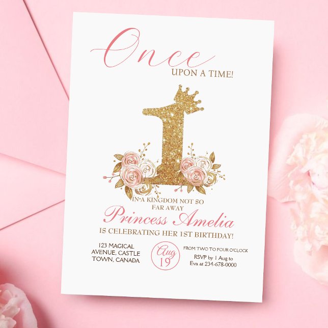 Pink Gold Crown Princess First Birthday Party  Invitation (Creator Uploaded)