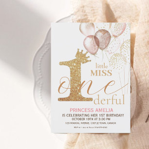 Pink Gold Crown Princess First Birthday Party  Invitation