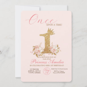 Pink Gold Crown Princess First Birthday Party Invitation