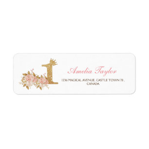 Pink Gold Crown Princess First Birthday Party Return Address Label