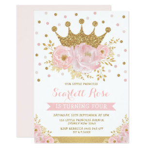 Pink Gold Crown Princess Girly Floral Birthday Invitation