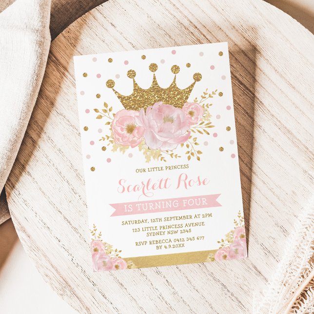 Pink Gold Crown Princess Girly Floral Birthday Invitation (Creator Uploaded)