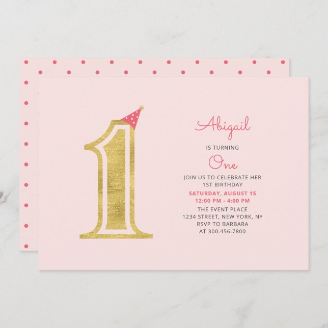 Pink & Gold |  Cute Modern Girl 1st Birthday Party Invitation (Front/Back)