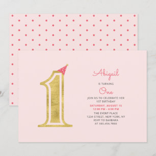 Pink & Gold    Cute Modern Girl 1st Birthday Party Invitation