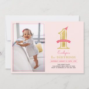 Pink & Gold    Cute Modern Girl 1st Birthday Party Invitation
