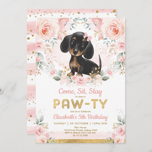 Pink Gold Dachshund Girls Birthday Puppy Pet Dog Invitation (Front/Back)