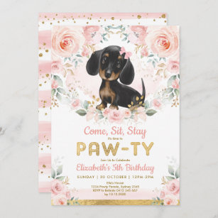 Pink Gold Dachshund Girls Birthday Puppy Pet Dog Invitation