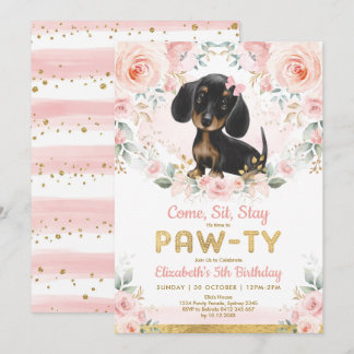 Pink Gold Dachshund Girls Birthday Puppy Pet Dog Invitation