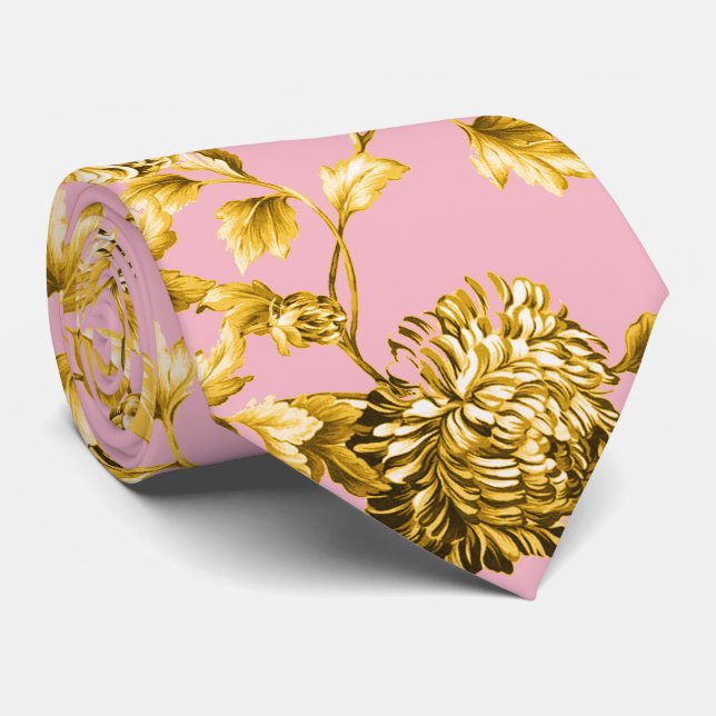Pink & Gold Dahlias Floral Wedding Tie (Rolled)